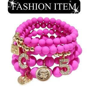 BRACELET: Hot Pink Natural Stone Elastic Beading w/Multiple Gold Tone Charms,NIP